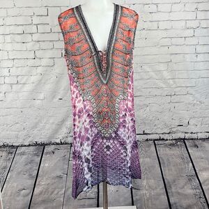 Bahia Bay Womens Tank Dress Floral Sleeveless Sheer Midi Boho Island Geo Print